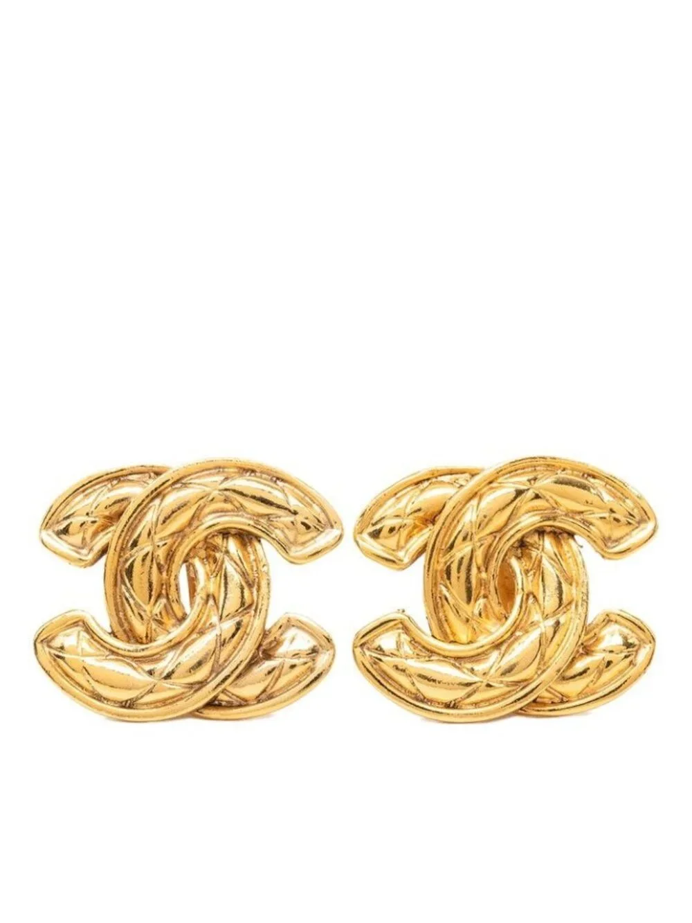 Chanel Vintage Quilted CC Logo Earrings Gold Plated